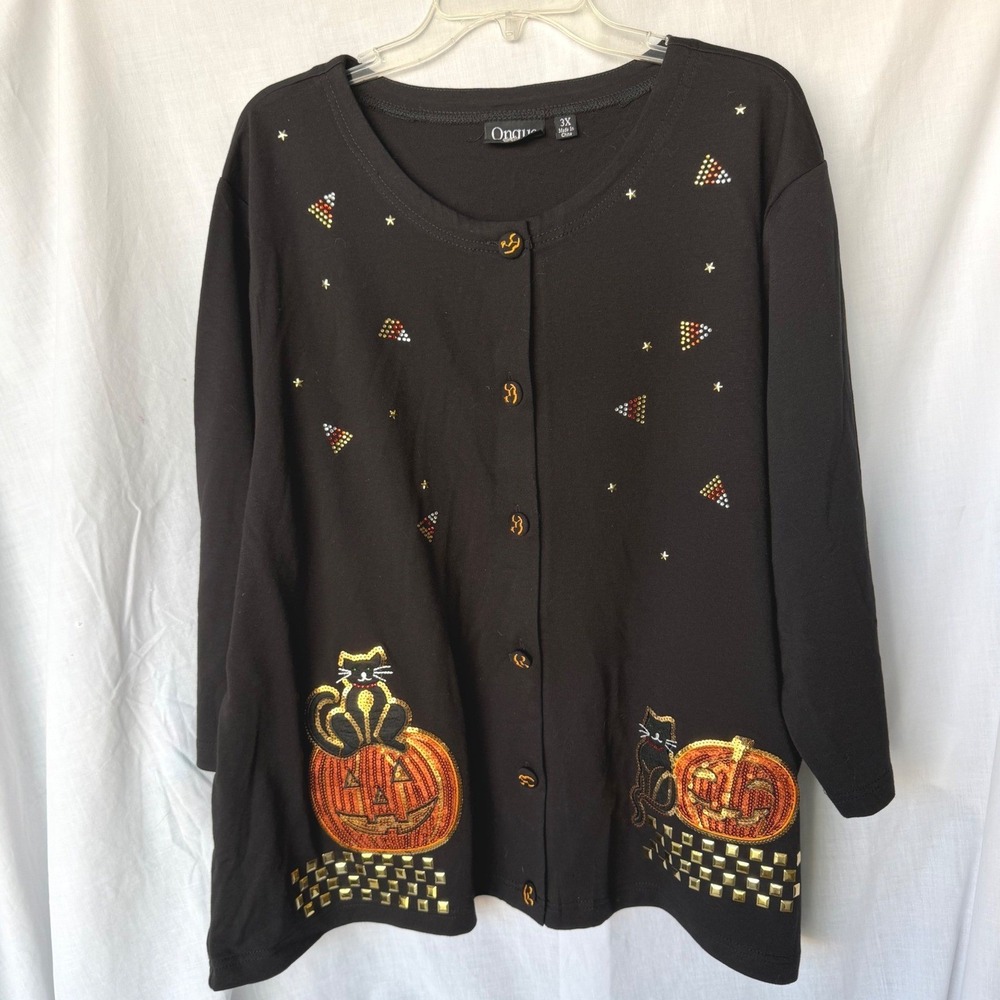 Onque Halloween Grandma Teacher Casual Cardigan Black Sequin Cat Pumpkin Plus 3X